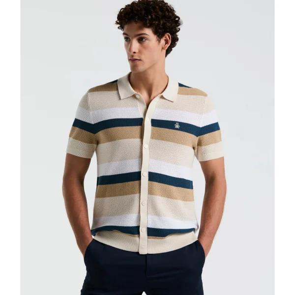 Original Penguin Mesh Stripe Button Front Sweater Polo