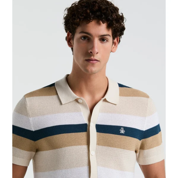 Original Penguin Mesh Stripe Button Front Sweater Polo